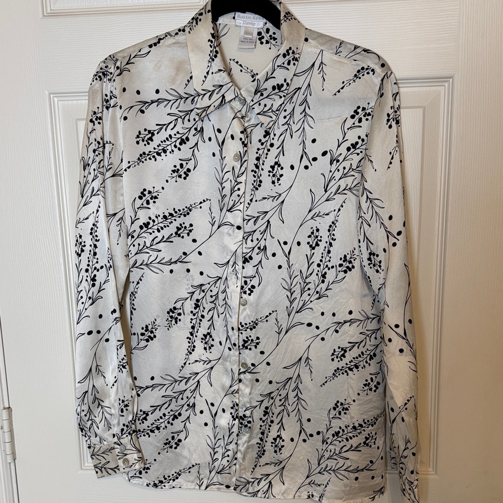 Vintage Silk Blouse by Austin Reed long Sleeve Size‎ 14 Cream and Black Print